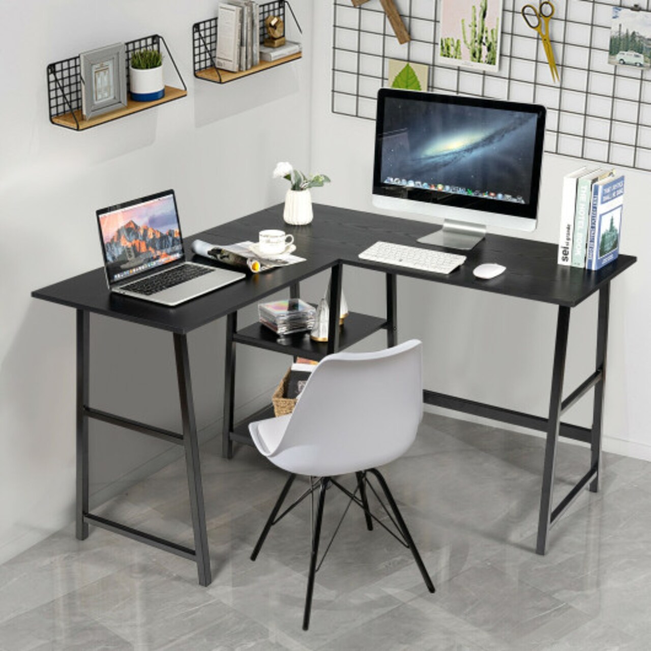 L Shaped Corner Computer Desk with Storage Shelves and Heavy Duty Metal Frame